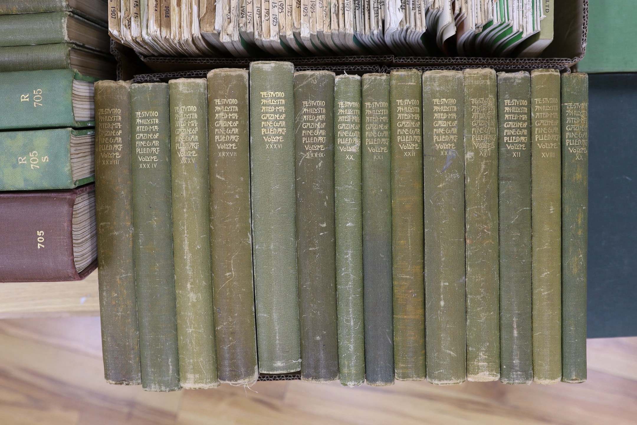The Studio - the following bound vols (publisher's cloth): 12, 17, 18, 20 - 22, 25, 29, 30, 33-37, 39, 44, 45 and 51 (1898-1911); together with loose monthly issues (original wrappers): 1906-1956, 72 various